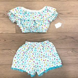 Two piece Hand Made brand new never worn butterfly shorts and crop top 3T